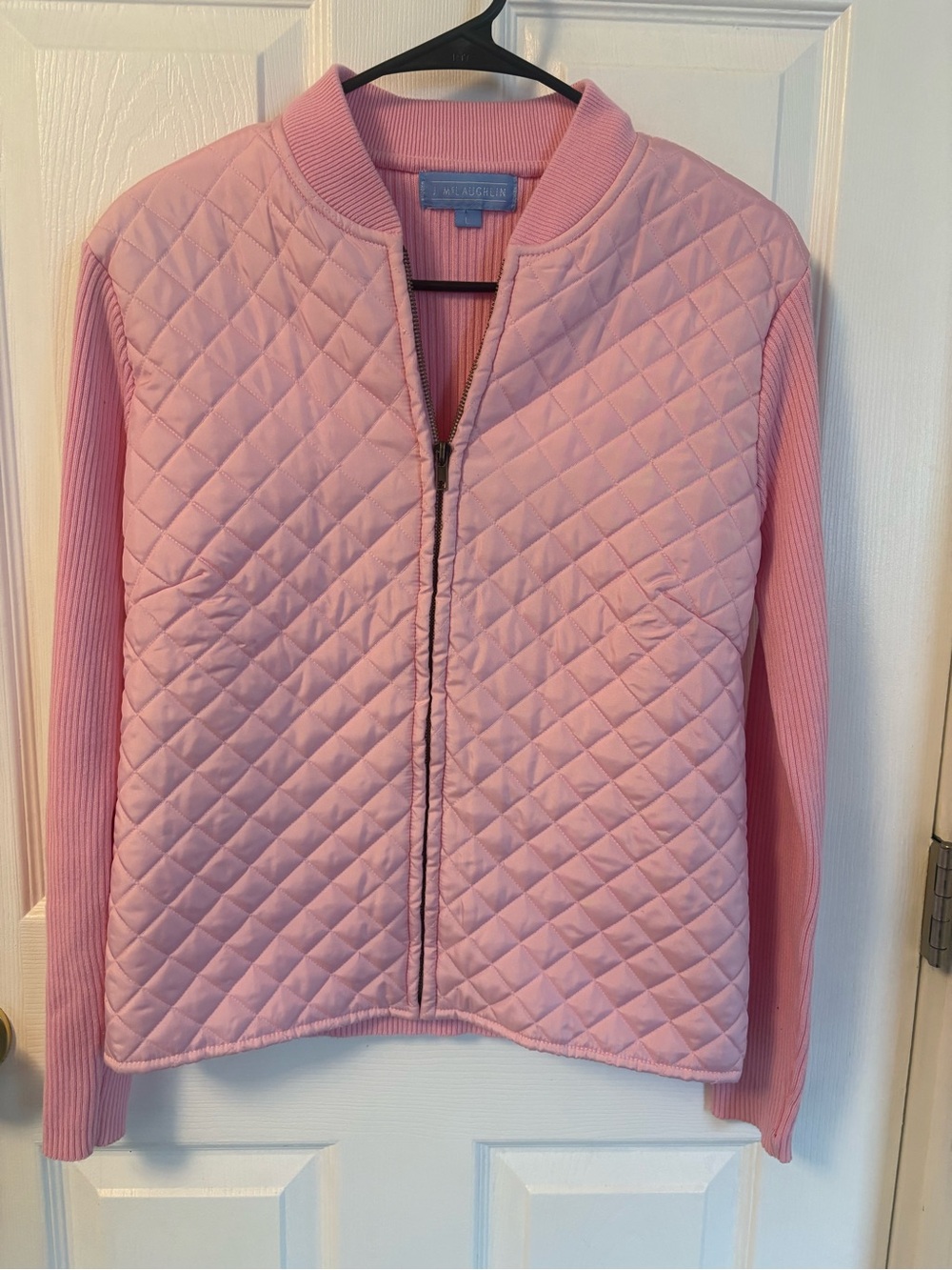 J. McLaughlin Pink Quilted Sweater Jacket Zip Up Cardigan Size L Preppy